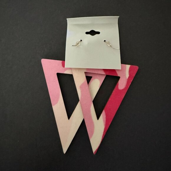NOC Geometric Pink Camouflage Triangle Wooden Fabric Drop Earrings Lightweight - Picture 2 of 4